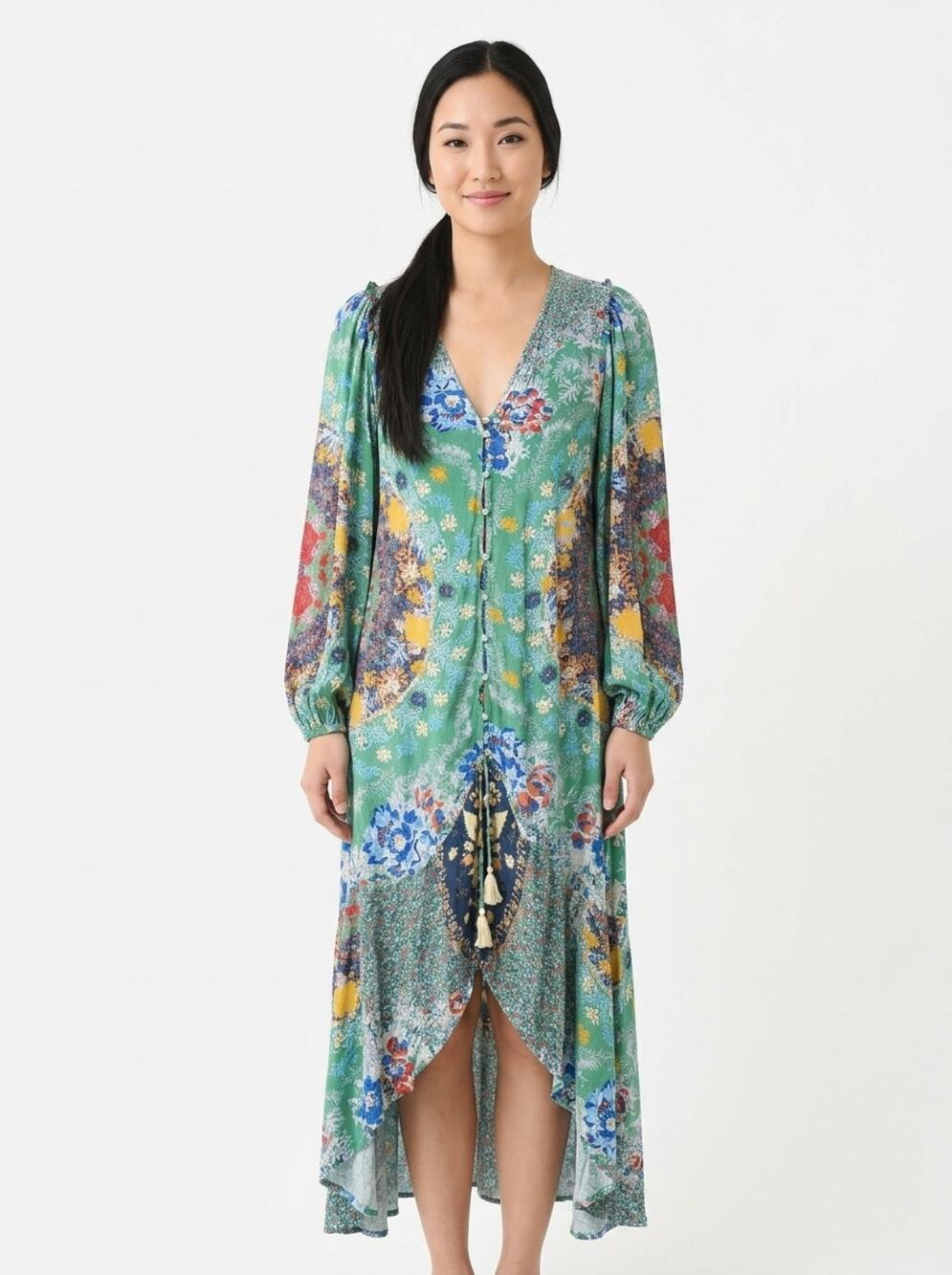 Free People Metal Green Maxi Ruffle Chiffon Lined Dress Women Size XS